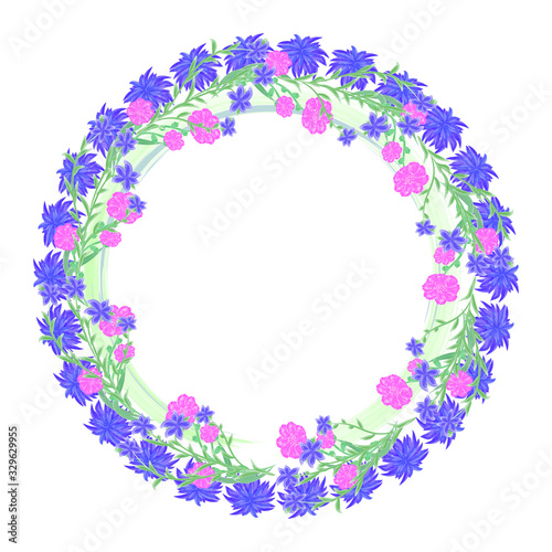 Round flower frame. Imitation of a watercolor drawing. Frame for greeting cards isolated on a white background.