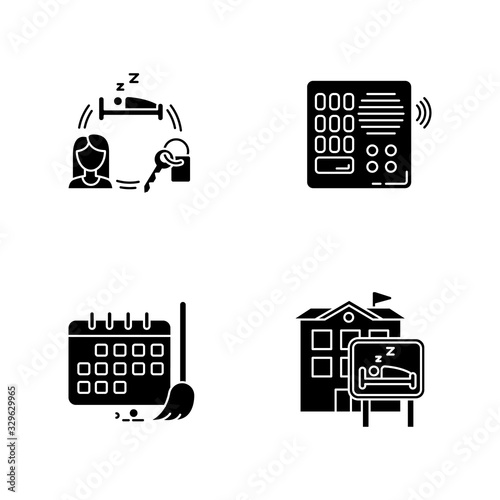 Hostel black glyph icons set on white space. Renting room for night. Intercom. Security. Sleeping accommodation. Cleaning schedule. Cleanliness control. Silhouette symbol. Vector isolated illustration
