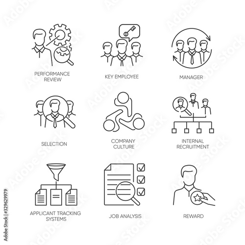 Recruitment pixel perfect linear icons set. Executive search, professional headhunting customizable thin line contour symbols. Isolated vector outline illustrations. Editable stroke