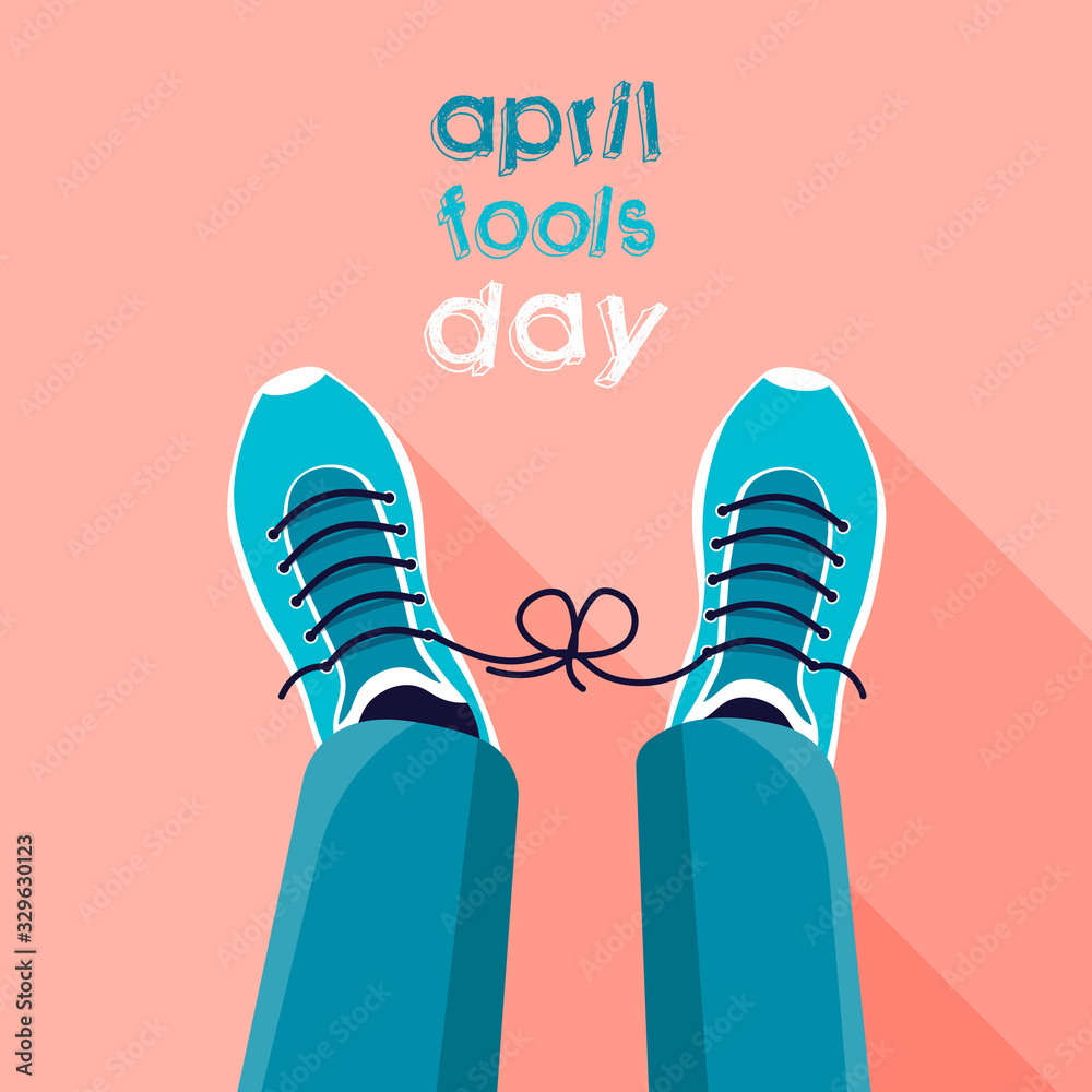 April fool's day. April Fool's joke concept. Tied shoelaces. Flat