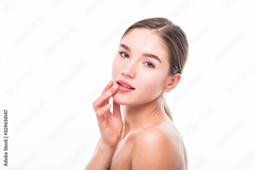 Beautiful spa young woman touching her face isolated on white background. Beautiful spa young woman touching her face isolated on white background.