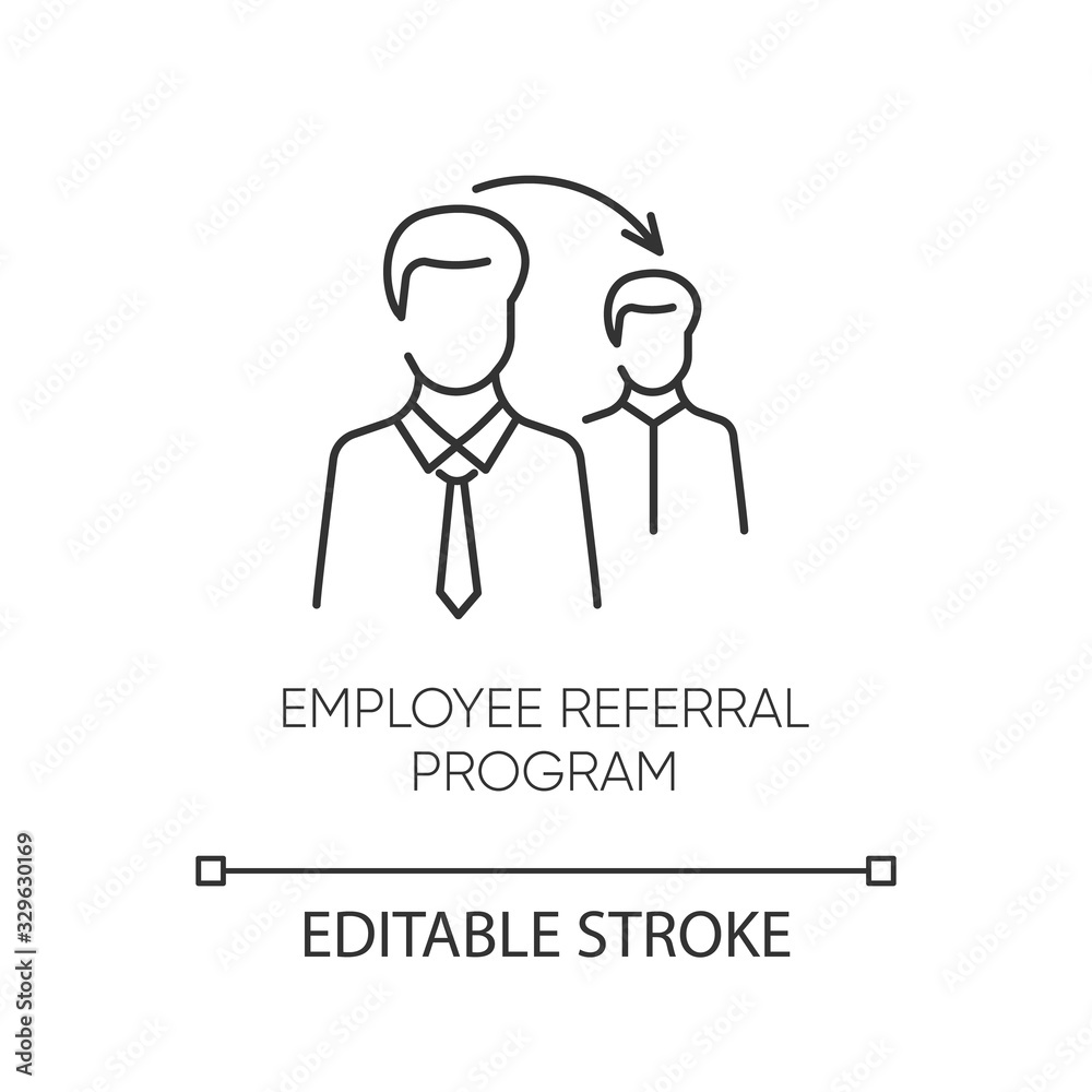 Employee referral program pixel perfect linear icon. Thin line customizable illustration. Workforce search, referal recruitment contour symbol. Vector isolated outline drawing. Editable stroke Employee referral program pixel perfect linear icon. Thin line customizable illustration. Workforce search, referal recruitment contour symbol. Vector isolated outline drawing. Editable stroke