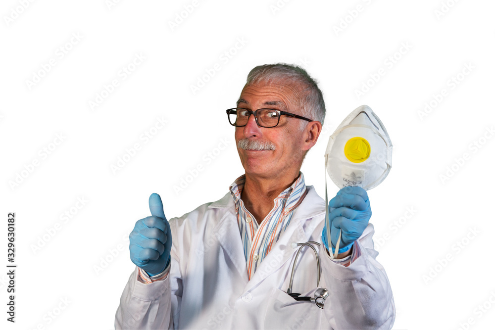 For protection, a doctor presents an anti-virus mask. For protection, a doctor presents an anti-virus mask.