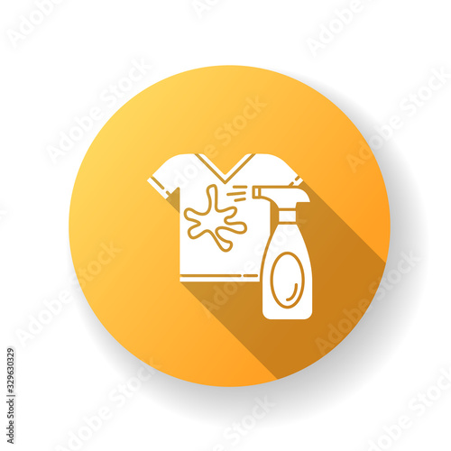 Stain removal yellow flat design long shadow glyph icon. Laundry, launderette, clothes washing and dry cleaning. Spray detergent, professional dirty stain remover. Silhouette RGB color illustration