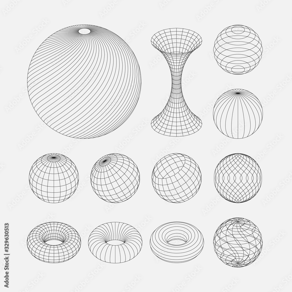 Wireframe earth grid mesh objects set. Network line, HUD design spheres set. Isolated on white background - obrazy, fototapety, plakaty 