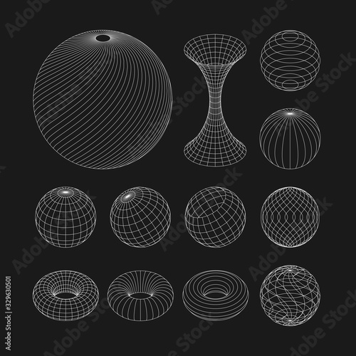 Wireframe earth grid mesh objects set. Network line, HUD design spheres set. Isolated on white background