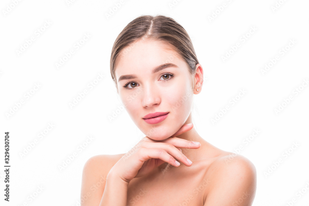 Pretty face of beautiful smiling woman posing at studio isolated on white background Pretty face of beautiful smiling woman posing at studio isolated on white background