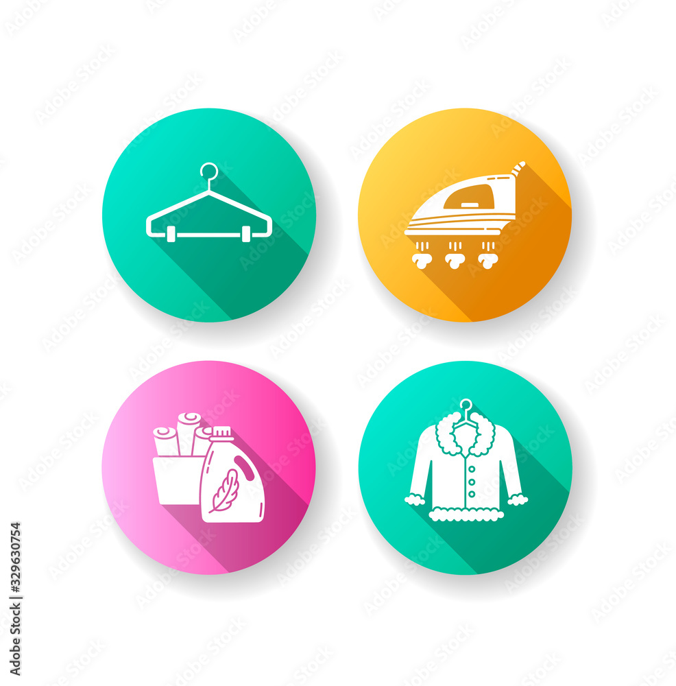 Laundry, clothes care flat design long shadow glyph icons set. Delicate fur dry cleaning and ironing. Fabric softener and clean towels basin, hangers and outerwear. Silhouette RGB color illustrations Laundry, clothes care flat design long shadow glyph icons set. Delicate fur dry cleaning and ironing. Fabric softener and clean towels basin, hangers and outerwear. Silhouette RGB color illustrations