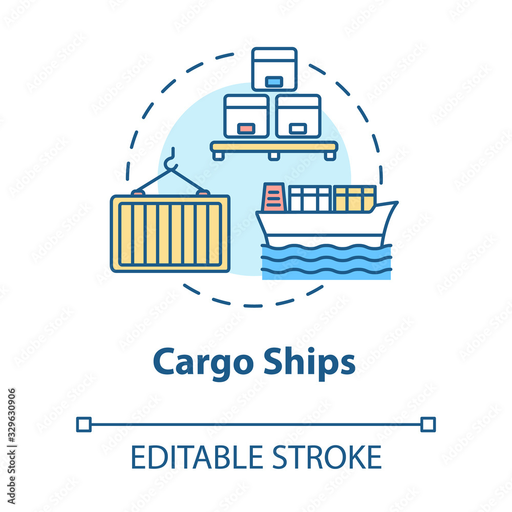 Cargo ship concept icon. Freight product distribution. Boat shipment. Marine logistic. Water vessel delivery idea thin line illustration. Vector isolated outline RGB color drawing. Editable stroke
