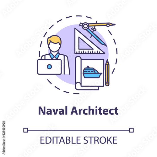Naval architect concept icon. Professional maritime worker. Designing ship. Boat project. Marine engineer idea thin line illustration. Vector isolated outline RGB color drawing. Editable stroke