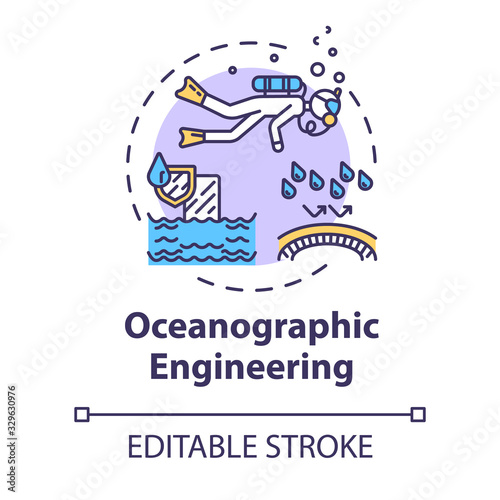 Oceanographic engineering concept icon. Exploring underwater ecosystem. Biologist in ocean. Oceanography idea thin line illustration. Vector isolated outline RGB color drawing. Editable stroke