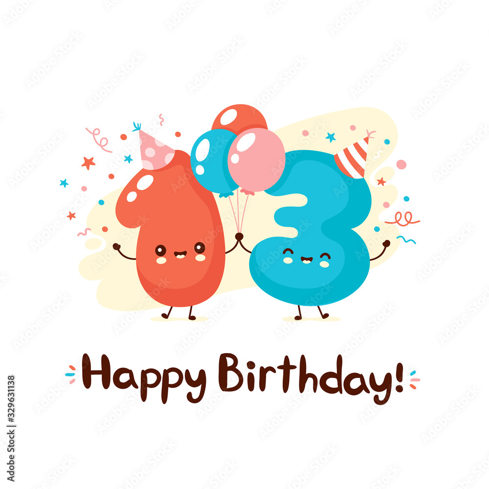 Cute numbers thirteen with balloons in festive hat Cute numbers thirteen with balloons in festive hat