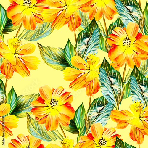 Springflowers with leaves  seamless pattern.