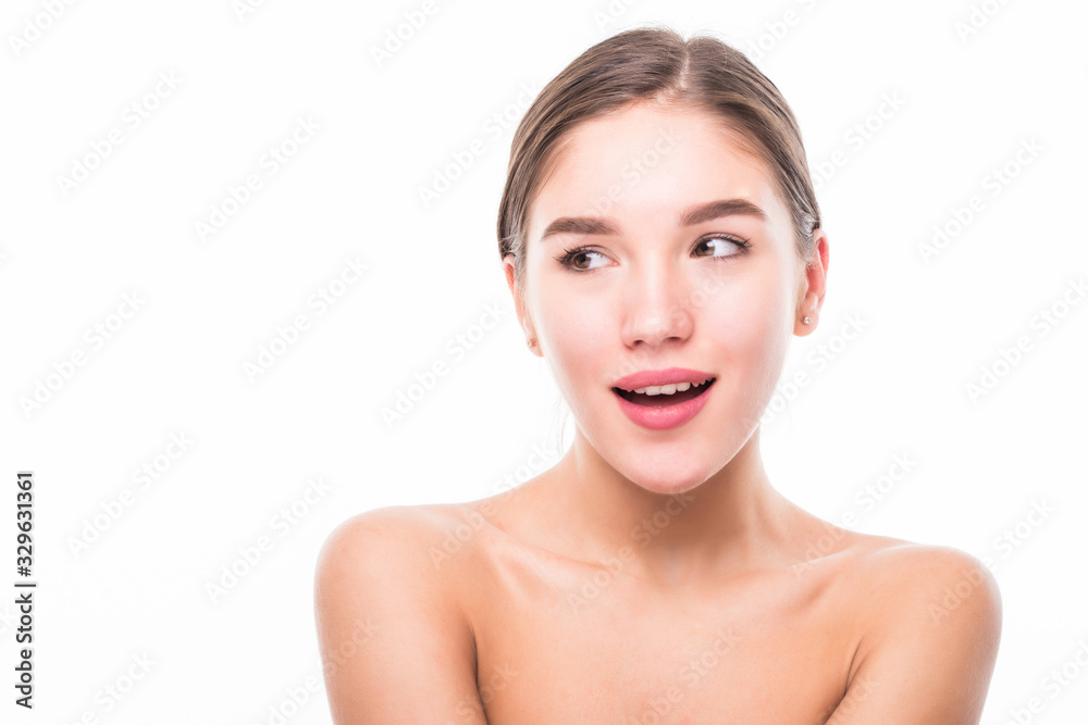 Beautiful woman cares for the skin face posing at studio isolated on white background Beautiful woman cares for the skin face posing at studio isolated on white background