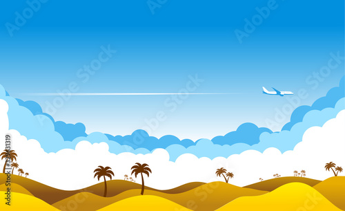Blue sky with clouds and an airplane flying over yellow sandy desert. Airliner over an oasis in desert with palm trees. Illustration  vector