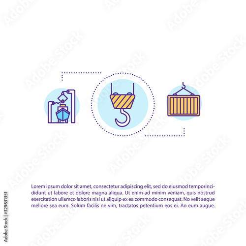 Cargo shipment concept icon with text. Container delivery with boat. Marine vessel distribution. PPT page vector template. Brochure, magazine, booklet design element with linear illustrations
