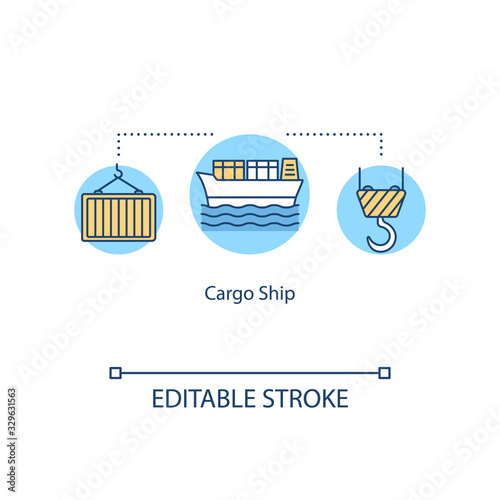 Cargo ship concept icon. Loading container on ship. Storage for goods on boat. Water vessel logistic idea thin line illustration. Vector isolated outline RGB color drawing. Editable stroke