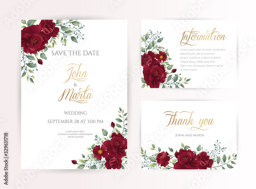 wedding invitation card with red roses, watercolor, leaves and golden geometric frame. Floral Trendy templates for banner, flyer, poster, greeting. Vector illustration. eps10