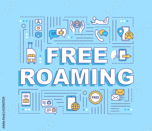 Free roaming word concepts banner. Unpaid wireless telecommunication service. Infographics with linear icons on blue background. Isolated typography. Vector outline RGB color illustration