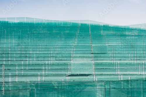 cracked glass among sheets of green tempered clear glass