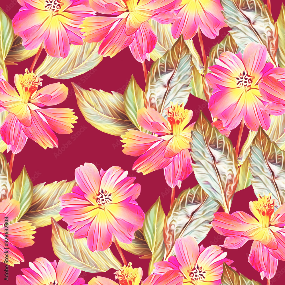 Springflowers with leaves, seamless pattern.