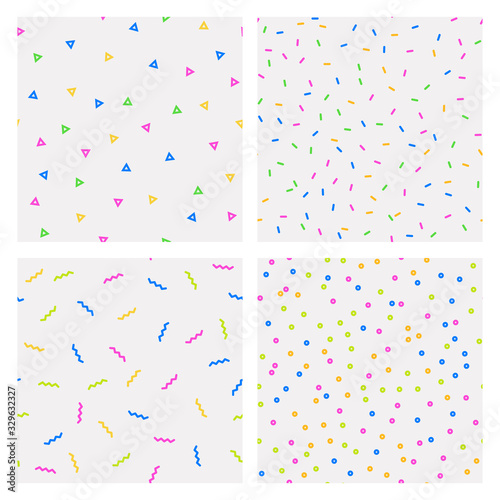 Bundle of ditsy geometric pattern in Memphis style.