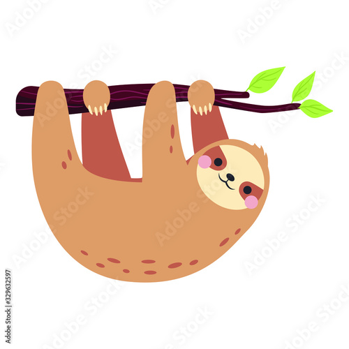 Cute cartoon sloth sleeping on a branch