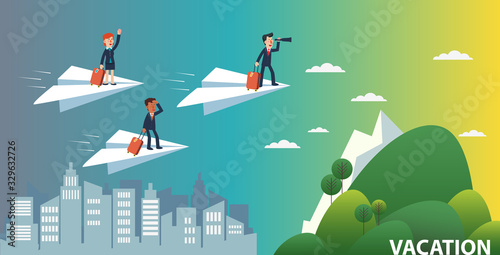 Business people flying on a paper plane towards an island for vacation. Business people vacation concept. Holidays time, recreation and travel vector design