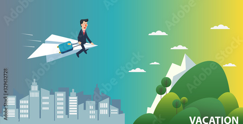Businessman flying on a paper plane towards an island for vacation. Business people vacation concept. Holidays time, recreation and travel vector design