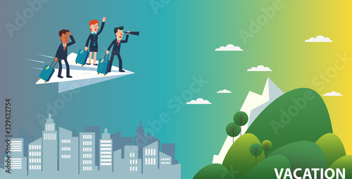 Business people flying on a paper plane towards an island for vacation. Business people vacation concept. Holidays time, recreation and travel vector design