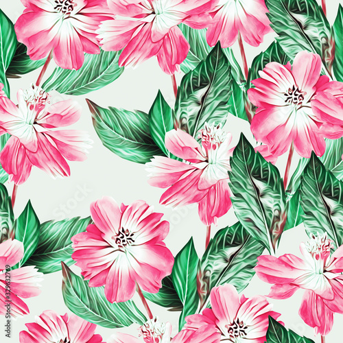 Springflowers with leaves, seamless pattern.
