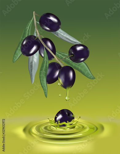Olive oil with branch. Realistic 3d fruits. Drop of oil splash.