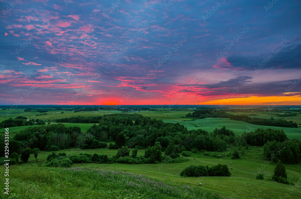Beautiful summer sunset view from Satrija castle mound in Lithuania