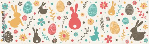 Photo Colourful easter banner with bunnies, eggs and flowers. Vector