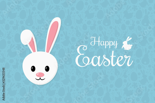 Happy Easter. Greeting card with smiley bunny on blue background with texture. Banner. Vector