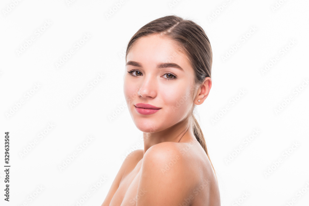 Portrait of beautiful woman with perfect face on white background Portrait of beautiful woman with perfect face on white background