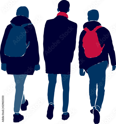 Vector image of silhouettes students friends walking along street