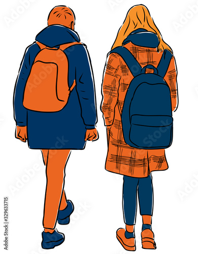 Vector image of teens students walking down street