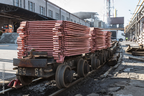 Copper bars in the smelter loaded for rail transport