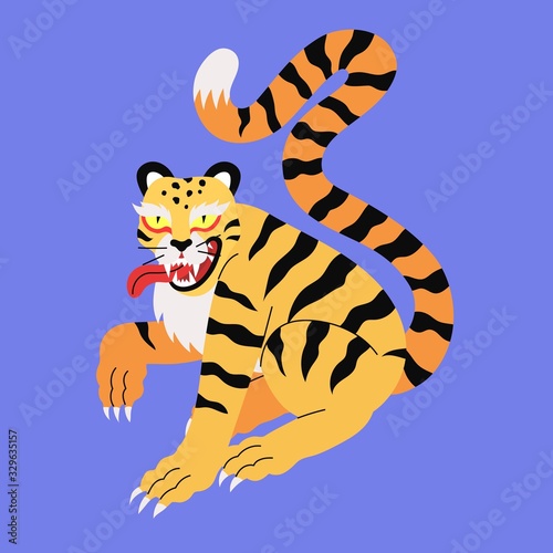 Fototapeta Naklejka Na Ścianę i Meble -  Tiger vector illustration in medieval ancient asian style. Stylized tiger demon print for t-shirt design and other decorations isolated on a blue background. Tropic exotic wild cat with stripes.
