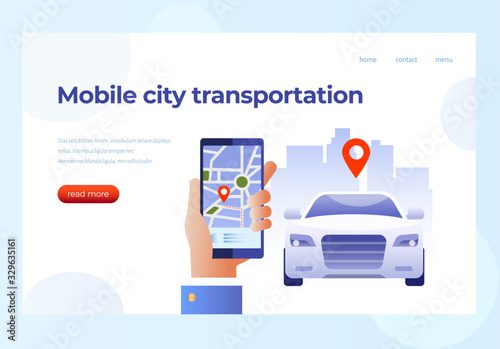 Mobile city transportation vector illustration concept. Online car sharing with cartoon character and smartphone, can use for landing page template, ui, web, mobile app, poster, banner, flyer