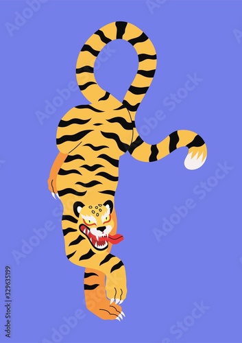 Tiger vector illustration in medieval ancient asian style. Stylized tiger demon print for t-shirt design and other decorations isolated on a blue background. Tropic exotic wild cat with stripes.