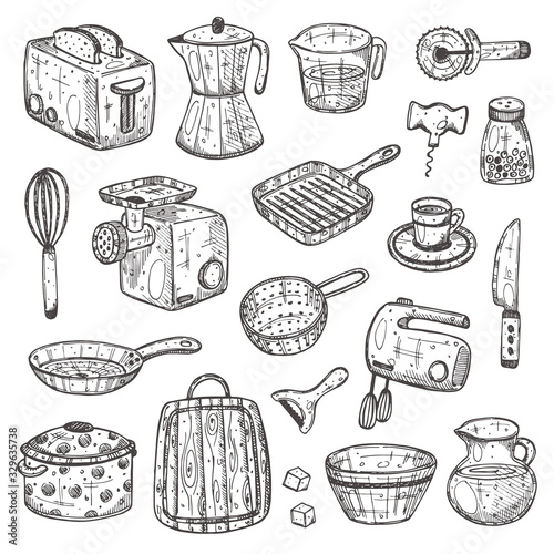 Kitchen supplies set. Hand drawn vector illustration. Peeler, grater, spoon, corkscrew, slicer, pepper mill, shaker, steel knife, whisk, pin, fork, salt shaker and other elements for your design.