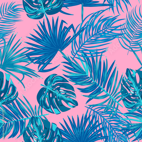 Tropical vector seamless pattern of monstera, jungle leaves of palm tree