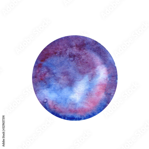 Handdrawn watercolor planet isolated on white background. Aquarelle circle. Watercolor texture paper. Round watercolor shape.