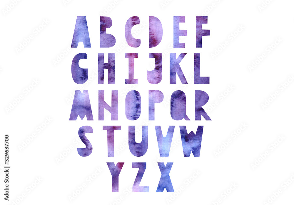 Scandinavian cut bold letters alphabet A to Z. Watercolor handdrawn illustration. Watercolor latin font. Watercolor paper texture Scandinavian cut bold letters alphabet A to Z. Watercolor handdrawn illustration. Watercolor latin font. Watercolor paper texture