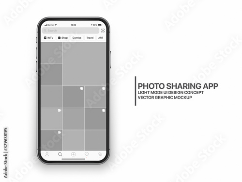 Instagram Photo Sharing Mobile App UI and UX Concept Vector Mockup in Light Mode on Frameless Smart Phone iPhone Screen Isolated on White Background. Social Network Account Bright Design Template