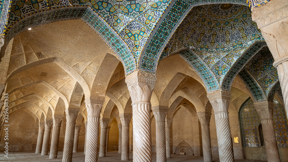 The prayer hall of Vakil Mosque with columns, Shiraz, Iran