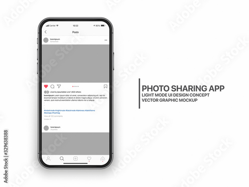 Instagram Photo Sharing Mobile App UI and UX Concept Vector Mockup in Light Mode on Frameless Smart Phone iPhone Screen Isolated on White Background. Social Network Account Bright Design Template