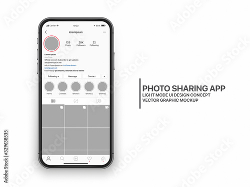 Instagram Photo Sharing Mobile App UI and UX Concept Vector Mockup in Light Mode on Frameless Smart Phone iPhone Screen Isolated on White Background. Social Network Account Bright Design Template photo